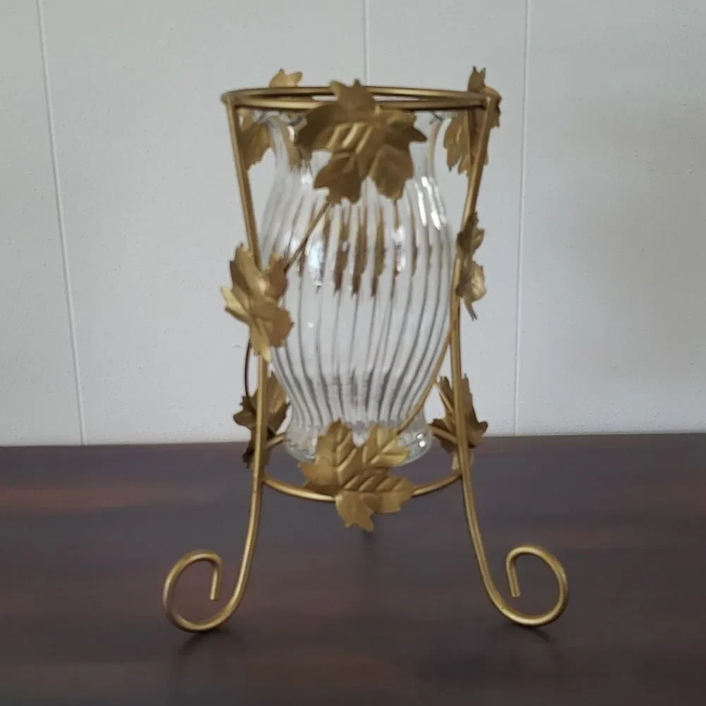 Pretty Gold Stand Leaf Design Vase/Candle Holder with Glass Container